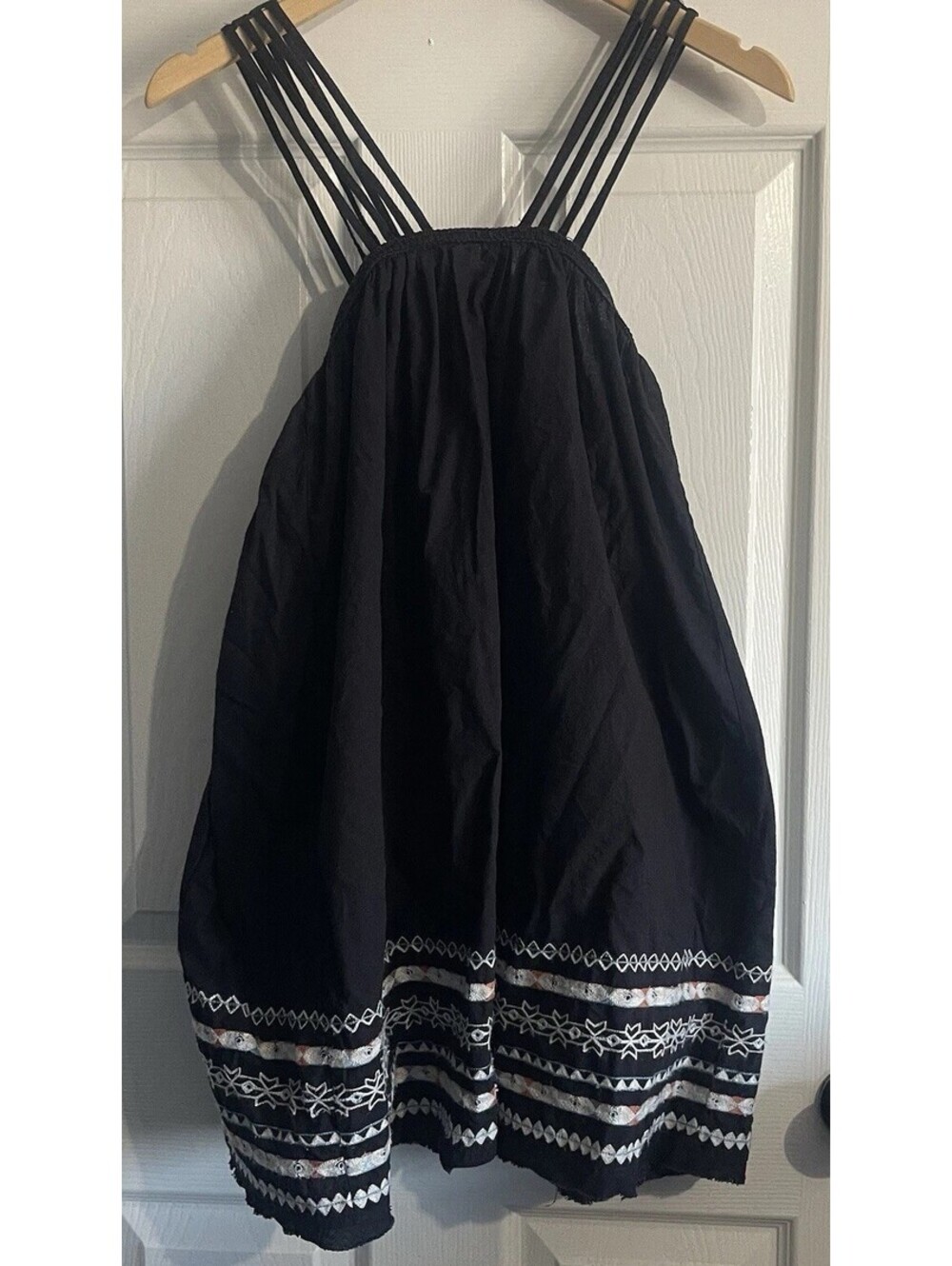 Free People Black Embroidered Hem Babydoll Sundress Strappy Pockets Tassels XS